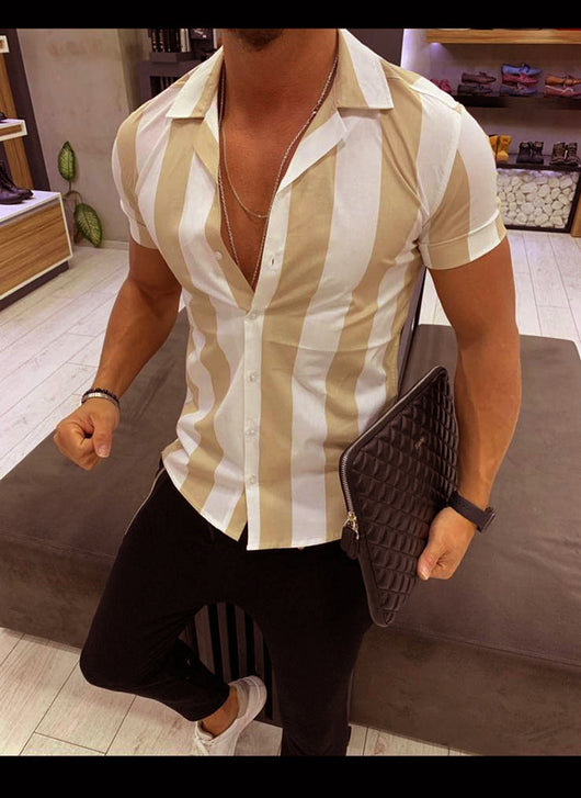 Camisa Slim Fit Rayas Bloques de Color Manga Corta para Hombre - Image 17