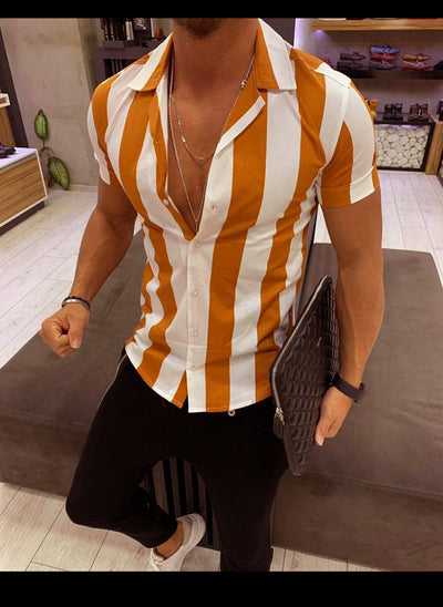 Camisa Slim Fit Rayas Bloques de Color Manga Corta para Hombre - Image 2