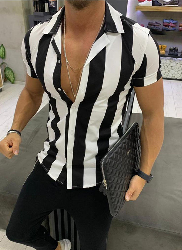 Camisa Slim Fit Rayas Bloques de Color Manga Corta para Hombre