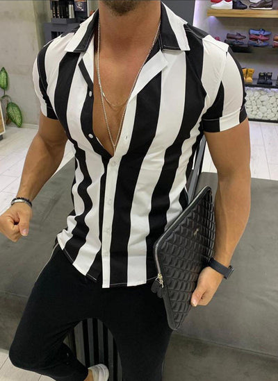 Camisa Slim Fit Rayas Bloques de Color Manga Corta para Hombre