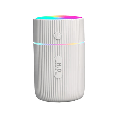White portable ultrasonic humidifier with ribbed texture, colorful LED lights, and a power button. - Image 10