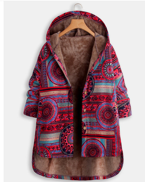 Chaqueta de Algodón Talla Grande con Estampado Floral Étnico Retro