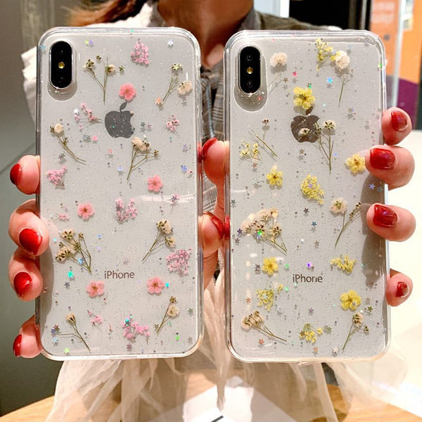 Funda para Teléfono con Flores Reales y Brillo Epoxi