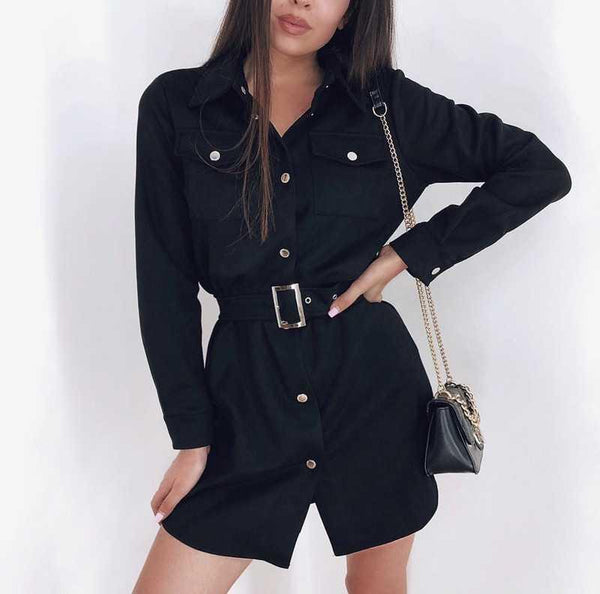 Vestido Ejecutivo de Ante con Solapa y Botones Frontales