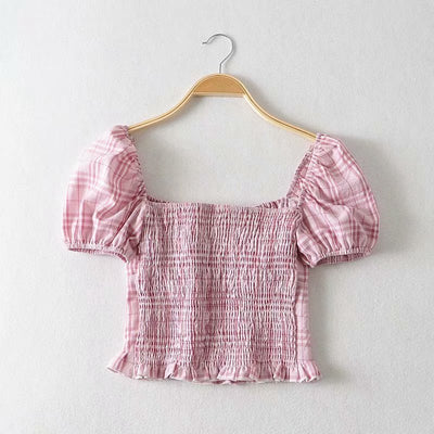 Blusa Cuadrada con Mangas Abullonadas y Volantes en Cuadros - Image 8