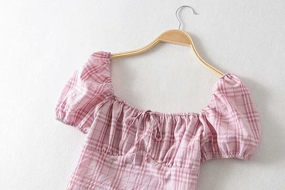 Blusa Cuadrada con Mangas Abullonadas y Volantes en Cuadros