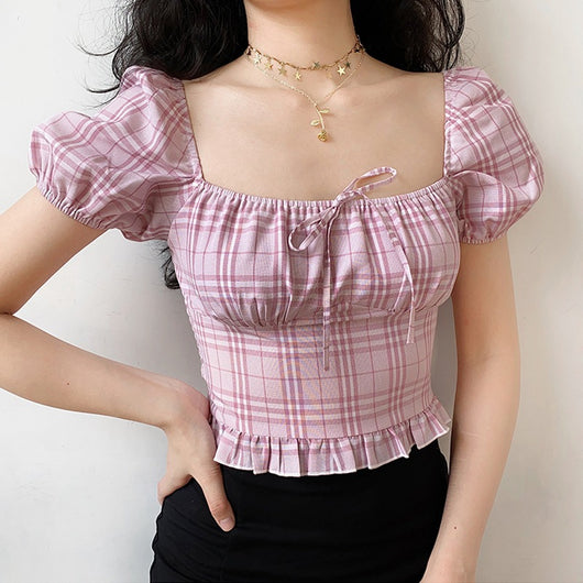 Blusa Cuadrada con Mangas Abullonadas y Volantes en Cuadros