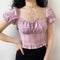 Blusa Cuadrada con Mangas Abullonadas y Volantes en Cuadros