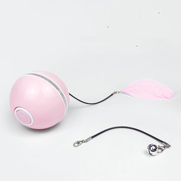 White LED laser electronic rolling pet toy ball with a feather attachment and a separate bell attachment. - Image 7