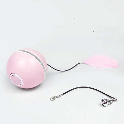 White LED laser electronic rolling pet toy ball with a feather attachment and a separate bell attachment. - Image 7