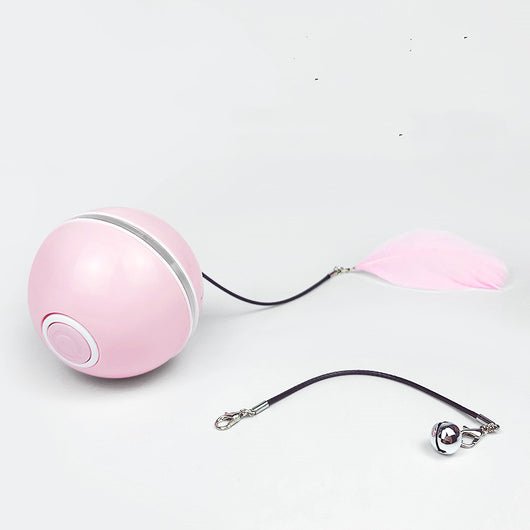 White LED laser electronic rolling pet toy ball with a feather attachment and a separate bell attachment. - Image 7