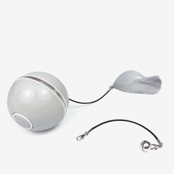 White LED laser electronic rolling pet toy ball with a feather attachment and a separate bell attachment.
