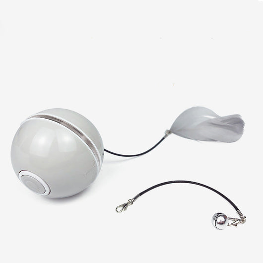 White LED laser electronic rolling pet toy ball with a feather attachment and a separate bell attachment.