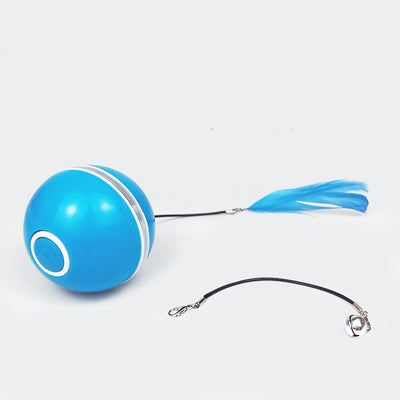 White LED laser electronic rolling pet toy ball with a feather attachment and a separate bell attachment. - Image 5