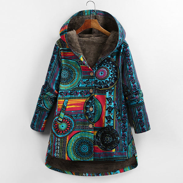 Chaqueta de Algodón Retro con Estampado Étnico Floral para Talla Grande