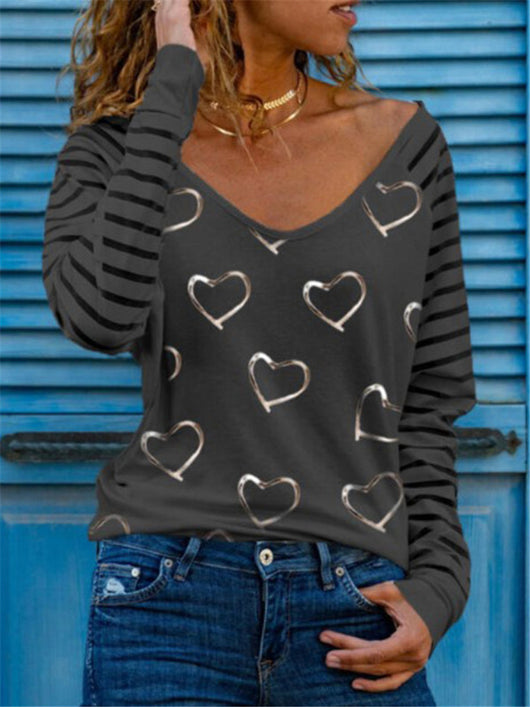 Playera de Cuello V Manga Larga Estampada Versátil - Image 5