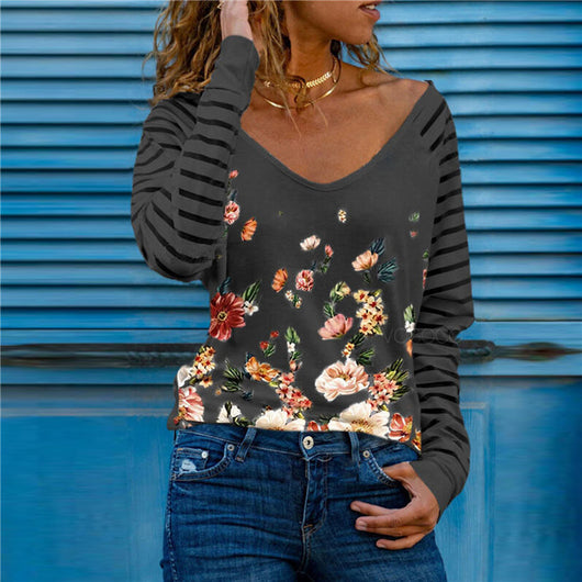 Playera de Cuello V Manga Larga Estampada Versátil - Image 8