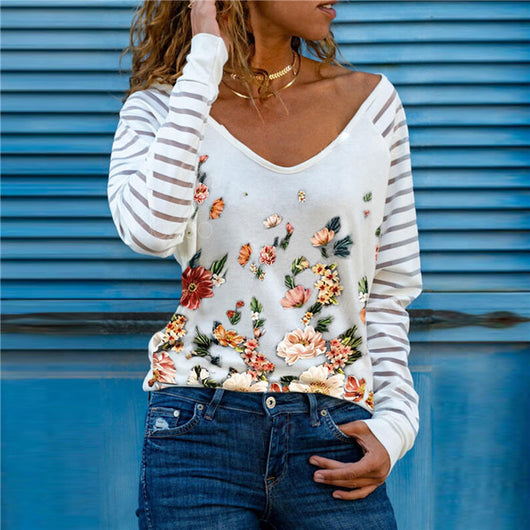 Playera de Cuello V Manga Larga Estampada Versátil - Image 6
