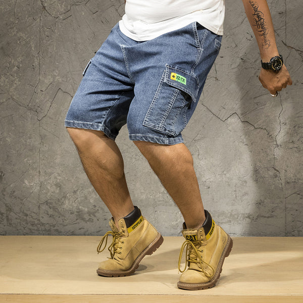Shorts de Mezclilla Rectos Casuales con Detalles de Herramientas Talla Grande para Hombre