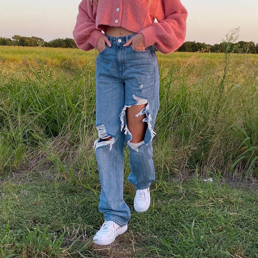 Pantalones Rectos de Cintura Alta con Detalles Rotos - Estilo Street Wear para Mujer - Image 9