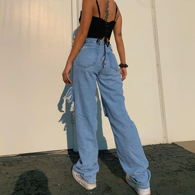 Pantalones Rectos de Cintura Alta con Detalles Rotos - Estilo Street Wear para Mujer - Image 8