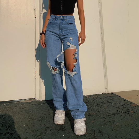 Pantalones Rectos de Cintura Alta con Detalles Rotos - Estilo Street Wear para Mujer