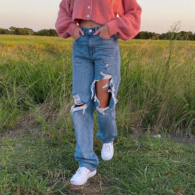 Pantalones Rectos de Cintura Alta con Detalles Rotos - Estilo Street Wear para Mujer - Image 3