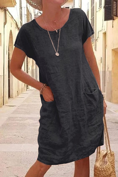 Vestido Suelto de Lino y Algodón con Bolsillos - Manga Corta Cuello Redondo - Image 3