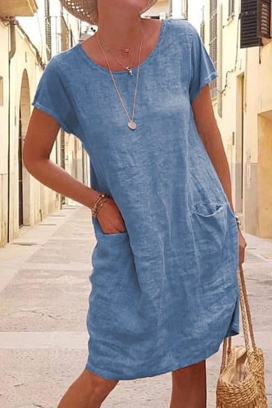 Vestido Suelto de Lino y Algodón con Bolsillos - Manga Corta Cuello Redondo
