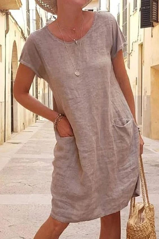 Vestido Suelto de Lino y Algodón con Bolsillos - Manga Corta Cuello Redondo - Image 2
