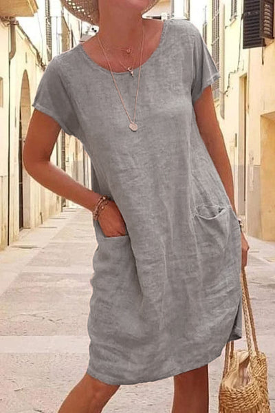 Vestido Suelto de Lino y Algodón con Bolsillos - Manga Corta Cuello Redondo - Image 4