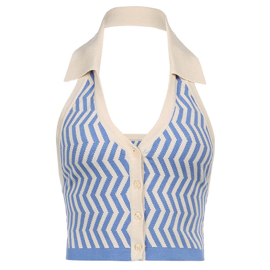 Chaleco Tejido Escotado con Cuello Halter a Rayas Azul y Blanco - Image 6