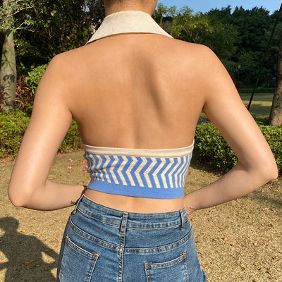 Chaleco Tejido Escotado con Cuello Halter a Rayas Azul y Blanco - Image 10