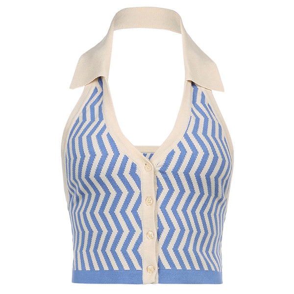 Chaleco Tejido Escotado con Cuello Halter a Rayas Azul y Blanco