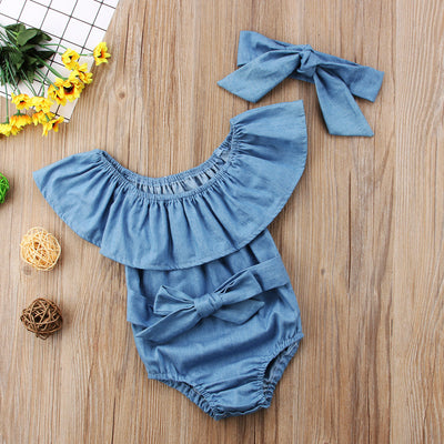 Jumpsuit Denim Cuello Loto Hombro Descubierto - Diseño Floral Moderno - Image 10