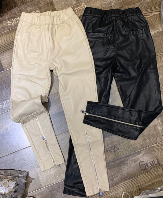 Pantalones de Cuero con Cintura Elástica y Cierre de Cremallera