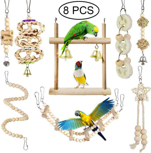 Set of 8 natural wood parrot chewing toys, including hanging swings, beaded perches, and loofah toys with bells.