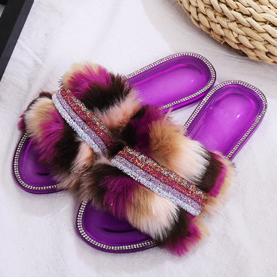 Pantuflas Planas de Lana Multicolor con Diamantes para Mujer - Image 11