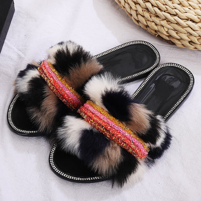 Pantuflas Planas de Lana Multicolor con Diamantes para Mujer - Image 8