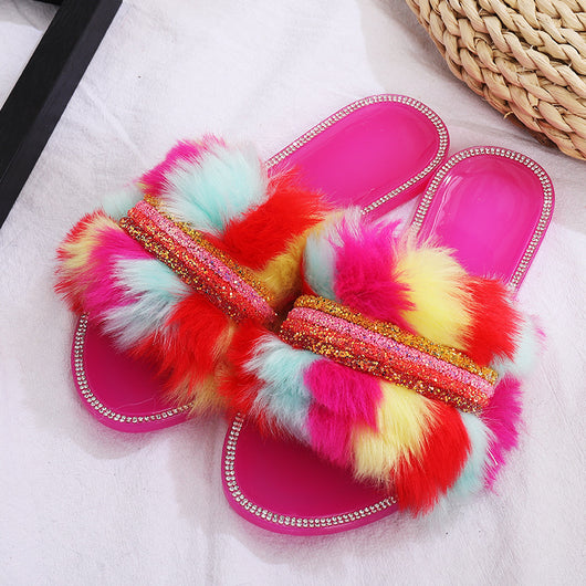 Pantuflas Planas de Lana Multicolor con Diamantes para Mujer - Image 10