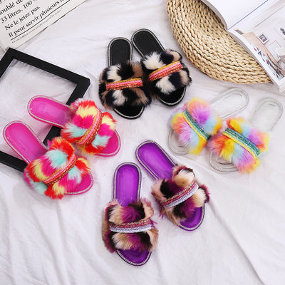 Pantuflas Planas de Lana Multicolor con Diamantes para Mujer - Image 9
