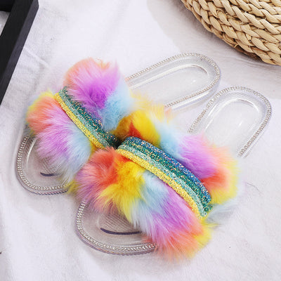 Pantuflas Planas de Lana Multicolor con Diamantes para Mujer - Image 2