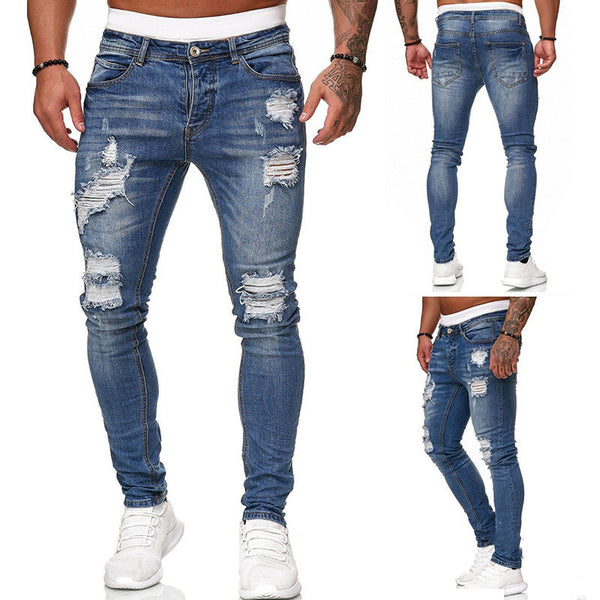Pantalones Vaqueros Rotos Slim Fit Hombre Estilo Urbano Lavado Vintage