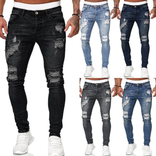 Pantalones Vaqueros Rotos Slim Fit Hombre Estilo Urbano Lavado Vintage