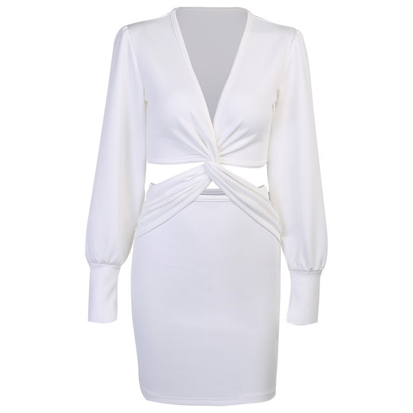 Vestido Elegante Otoño Manga Larga Ajustado Cuello Fruncido