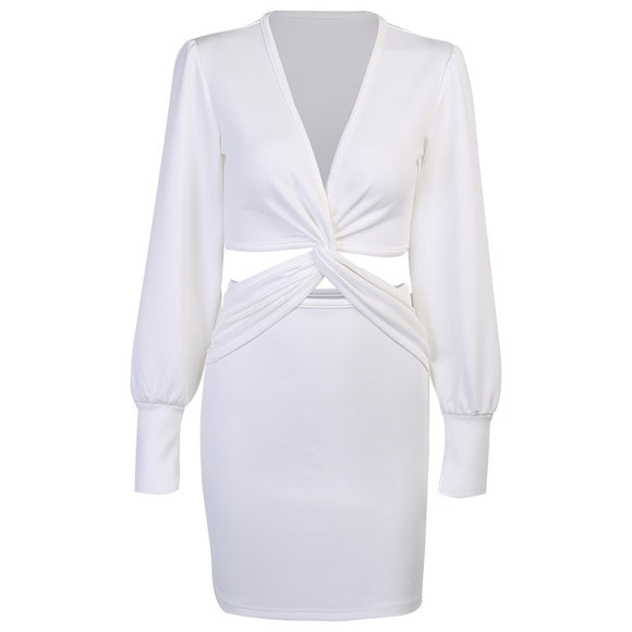 Vestido Elegante Otoño Manga Larga Ajustado Cuello Fruncido