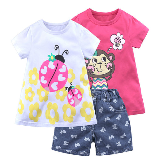 Conjunto de Tres Piezas para Niña Verano - Shorts y Manga Corta