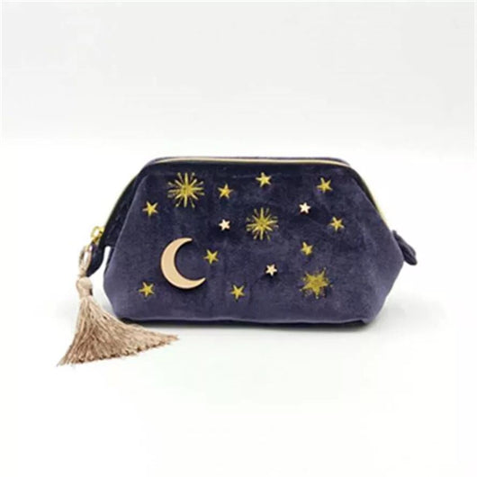 Bolsa de Cosméticos de Terciopelo con Bordado de Estrellas y Luna