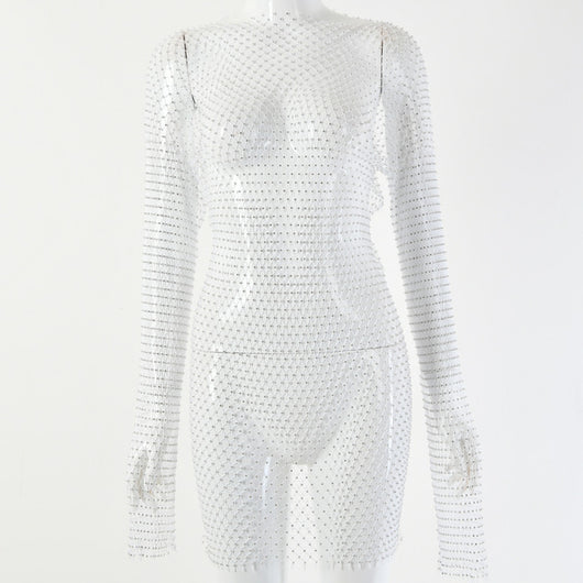 Vestido Largo de Manga Transparente con Diamantes Brillantes - Image 18