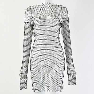 Vestido Largo de Manga Transparente con Diamantes Brillantes - Image 14